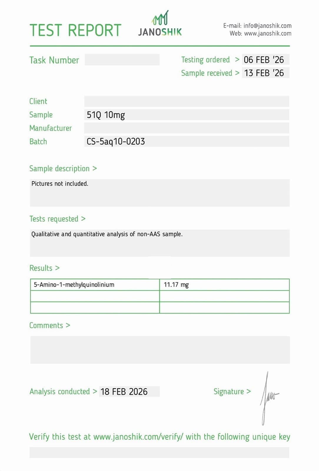 Certificate of Analysis for 5-Amino-1MQ