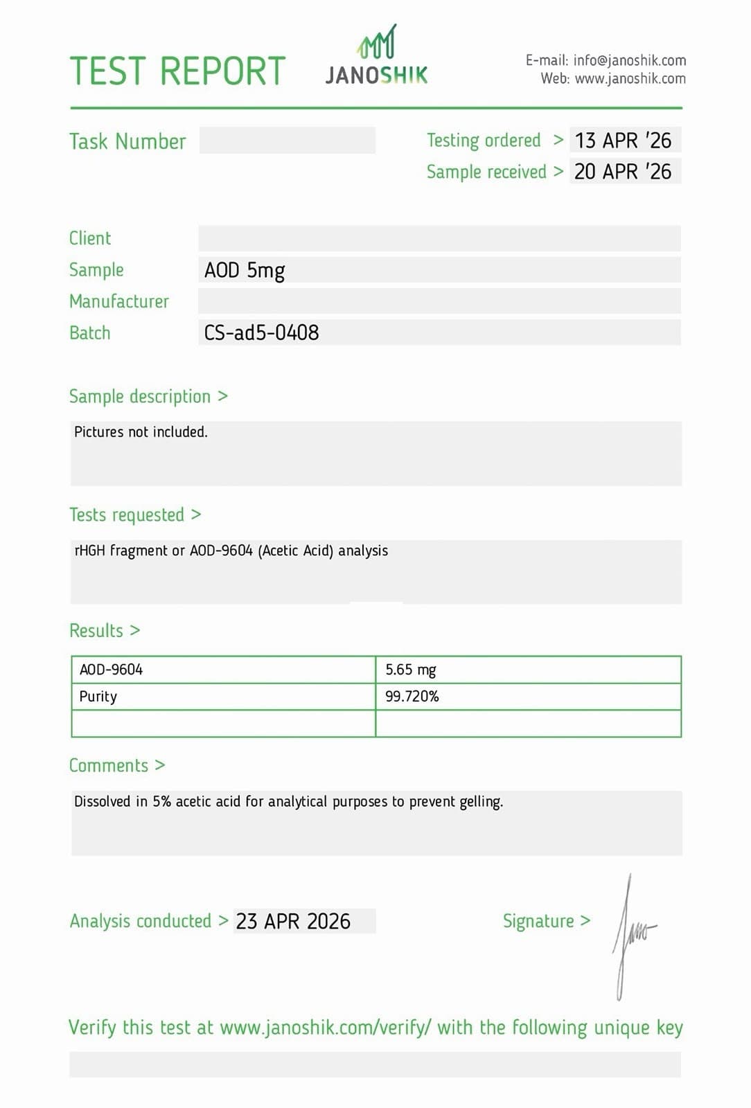 Certificate of Analysis for AOD-9604
