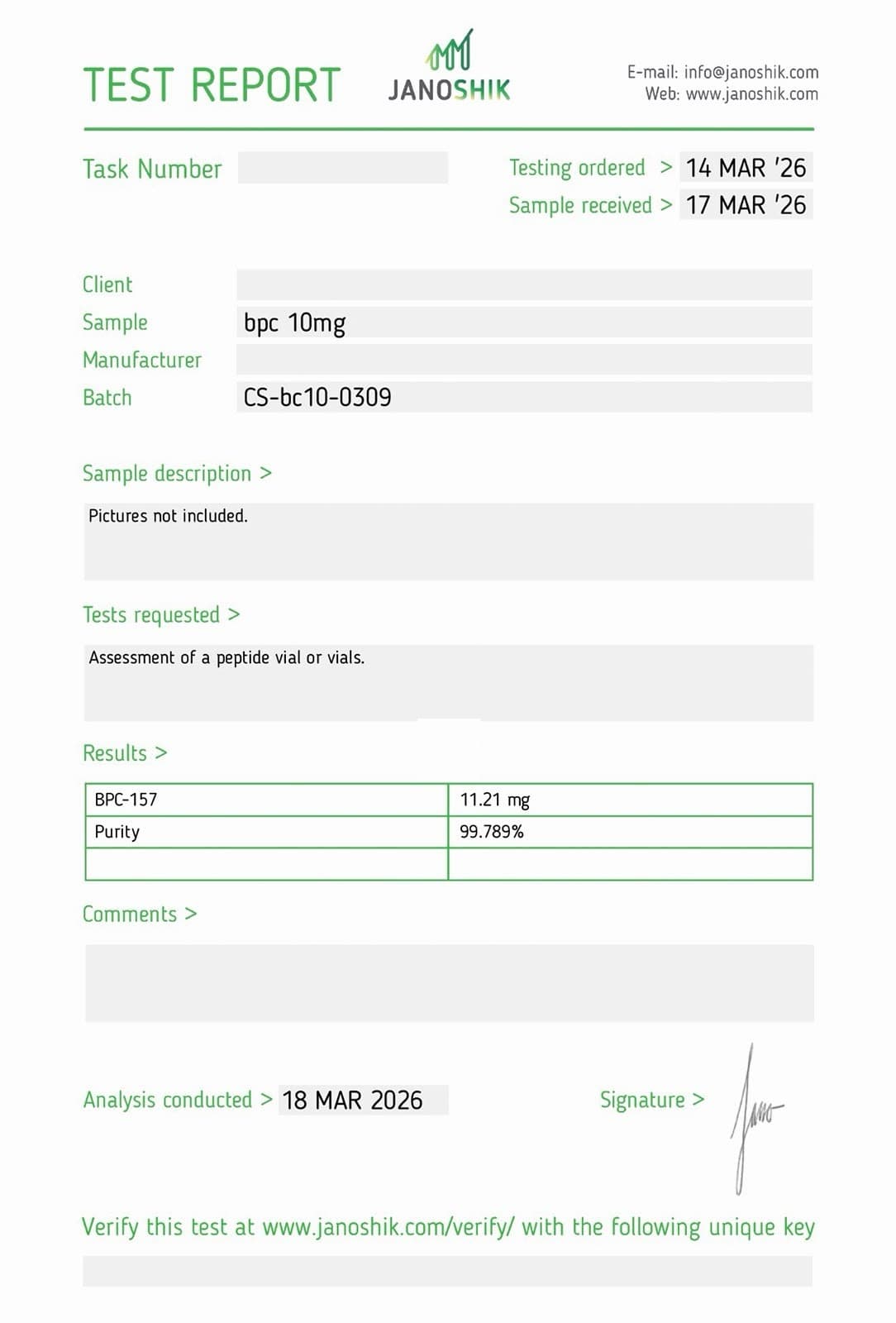 Certificate of Analysis for BPC-157