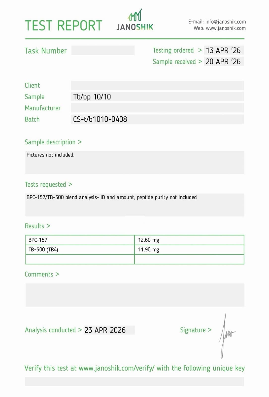 Certificate of Analysis for BPC-157 + TB-500 (10/10mg)