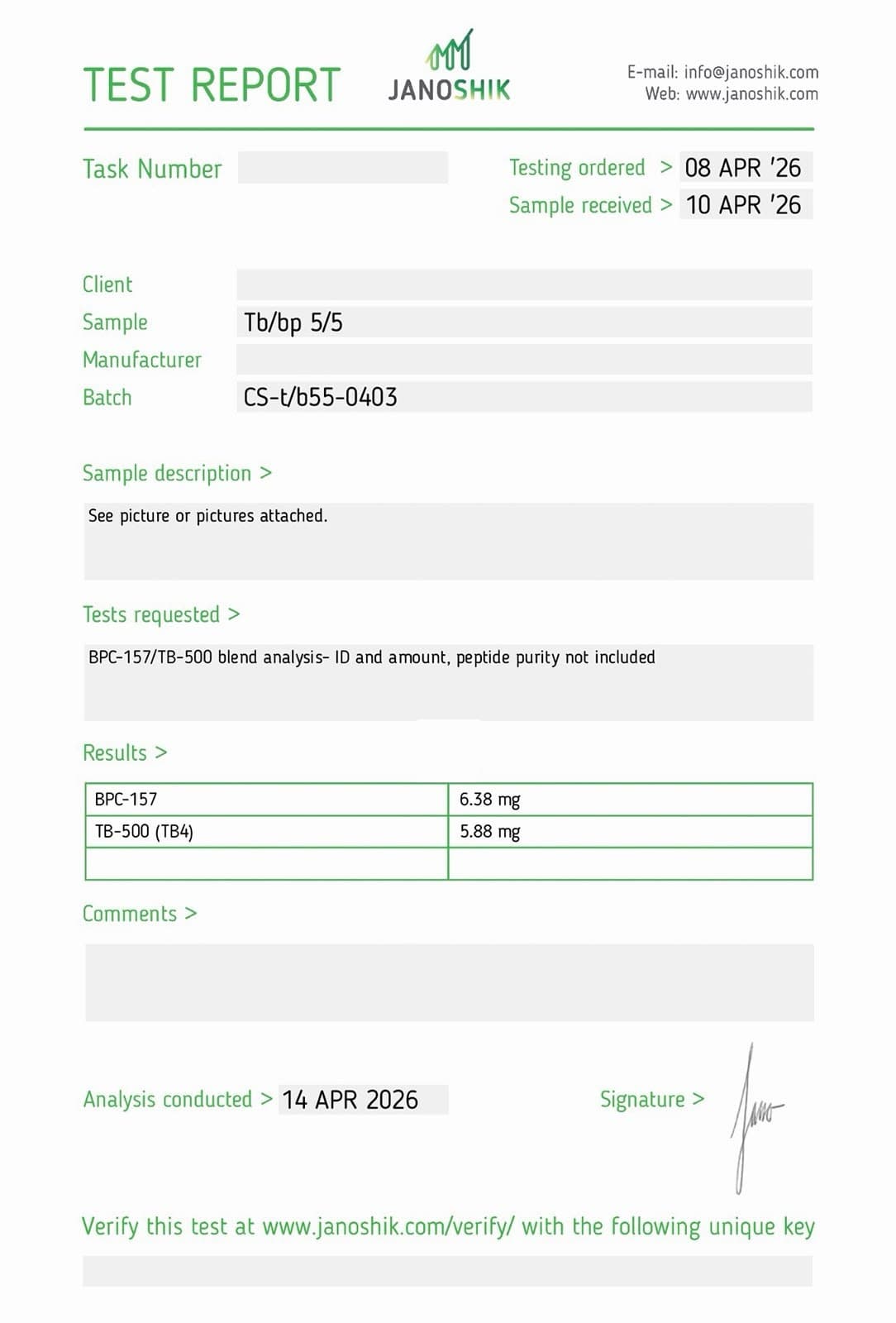 Certificate of Analysis for BPC-157 + TB-500 (5/5mg)