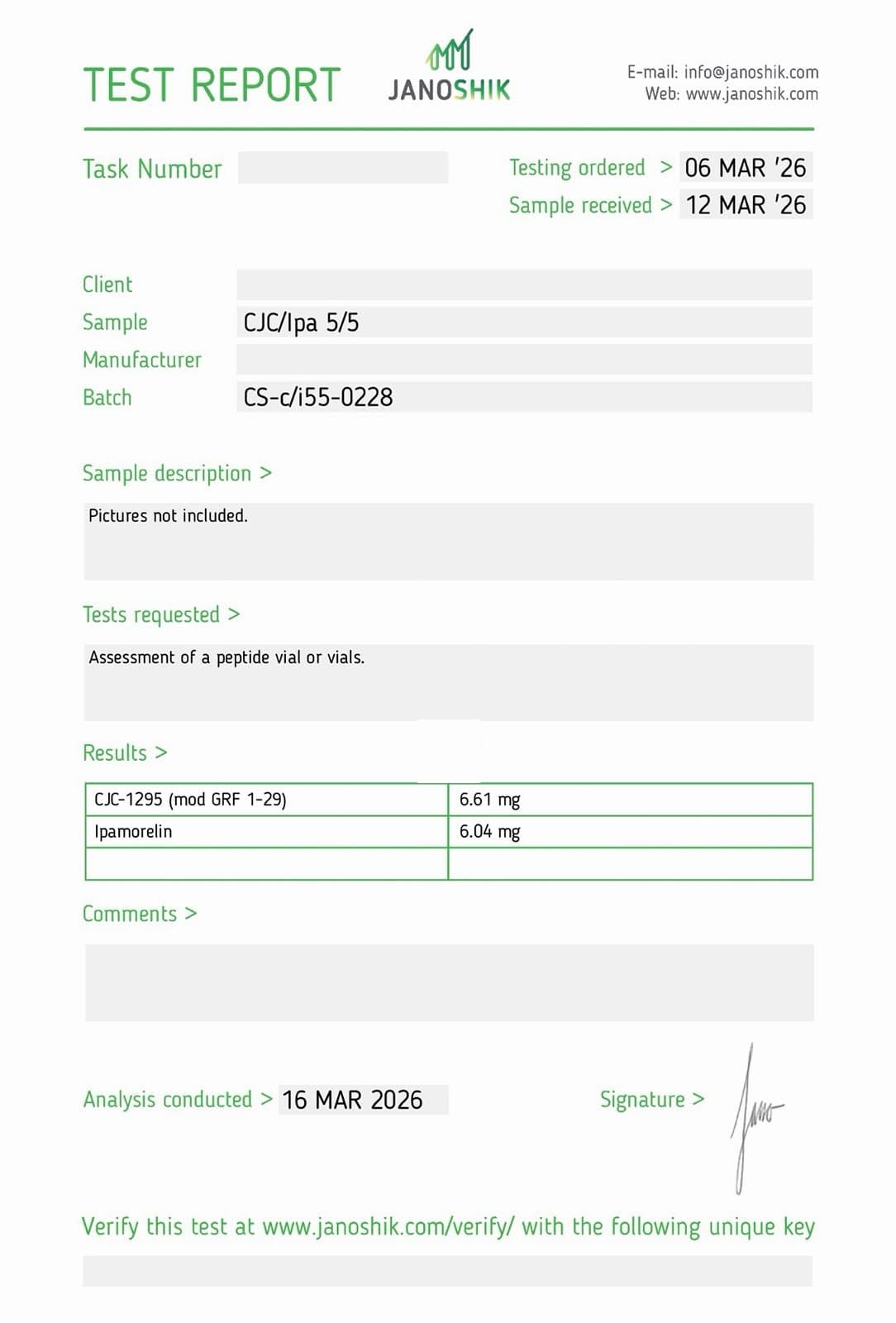 Certificate of Analysis for CJC-1295 No DAC + Ipamorelin
