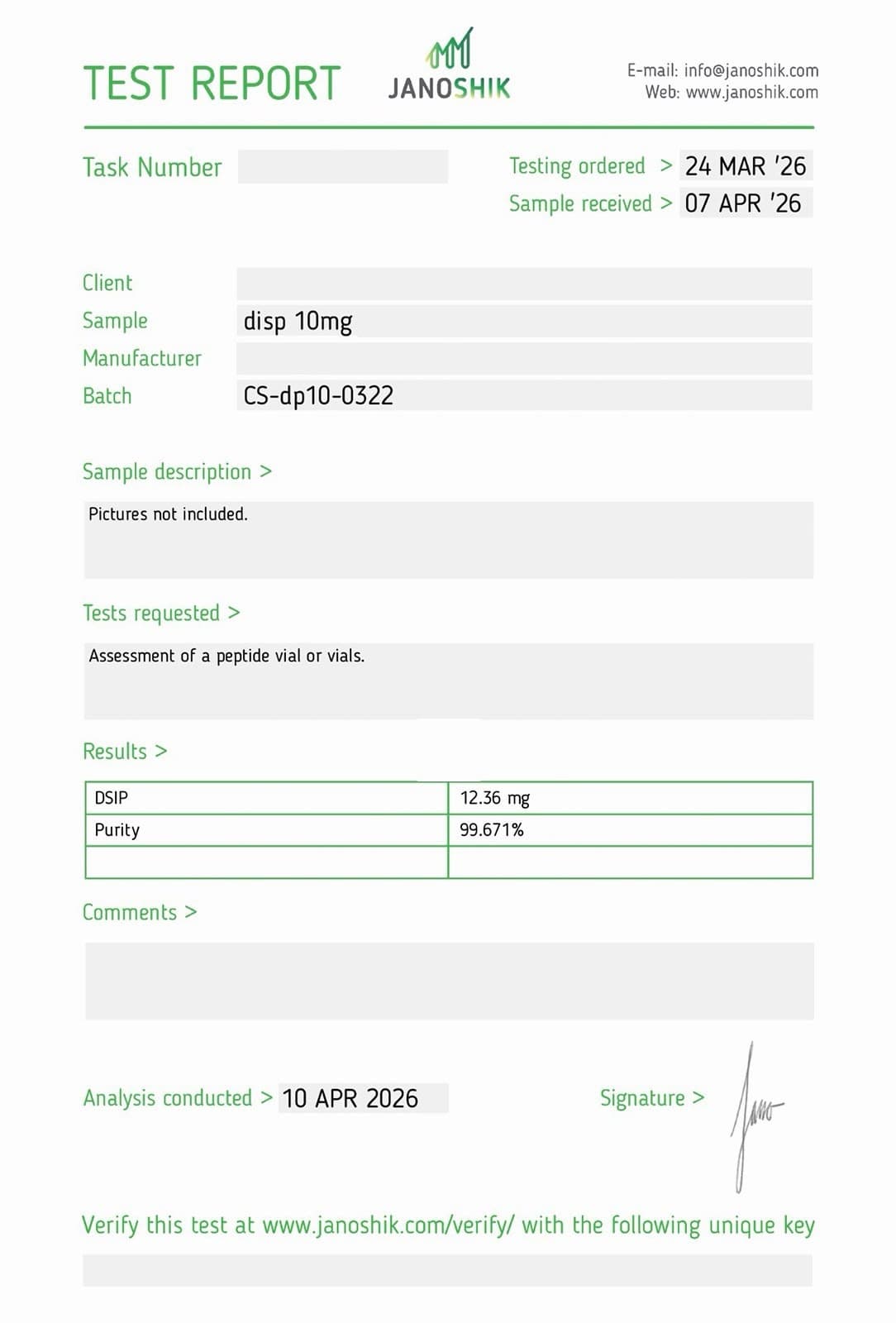 Certificate of Analysis for DSIP