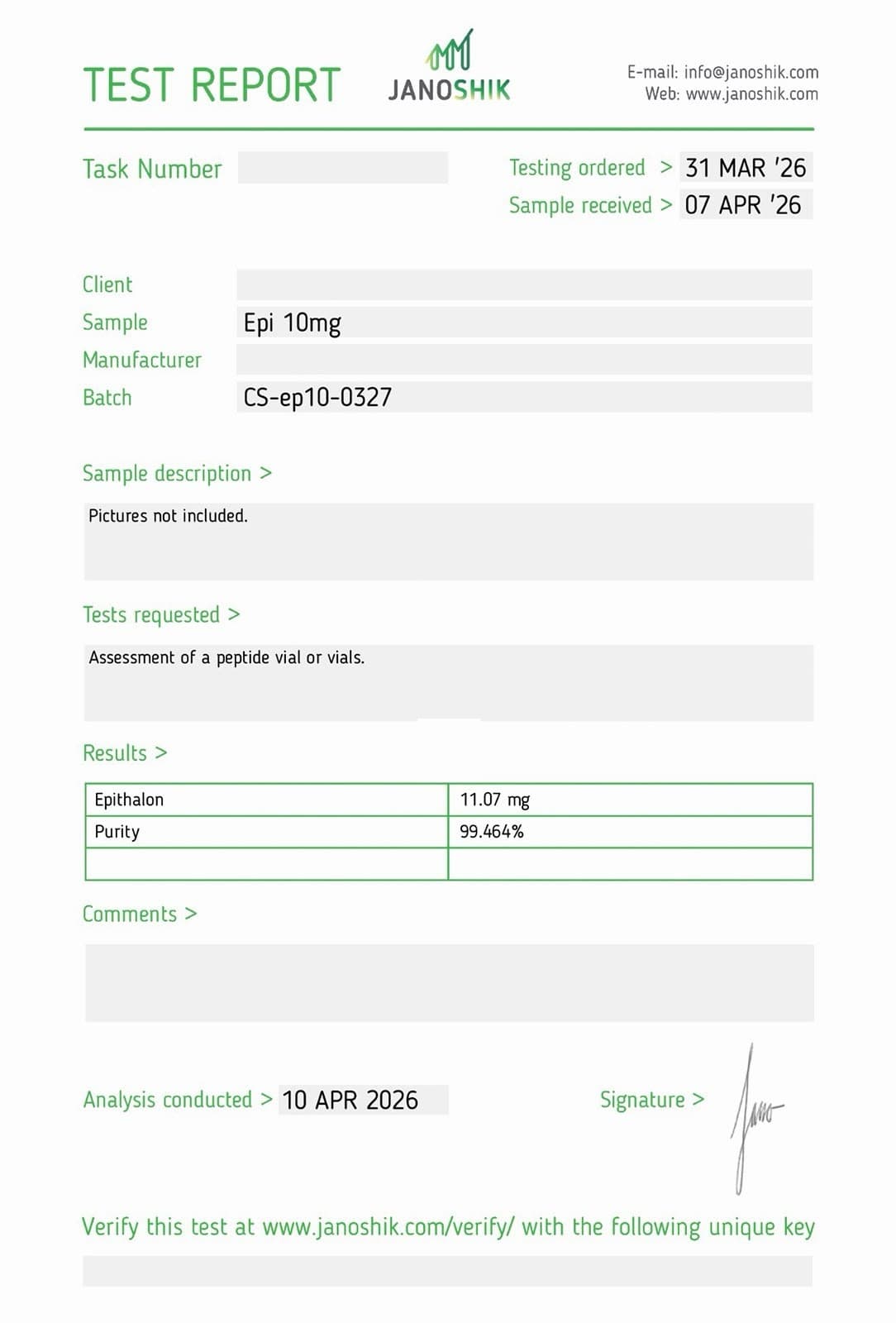 Certificate of Analysis for Epithalon