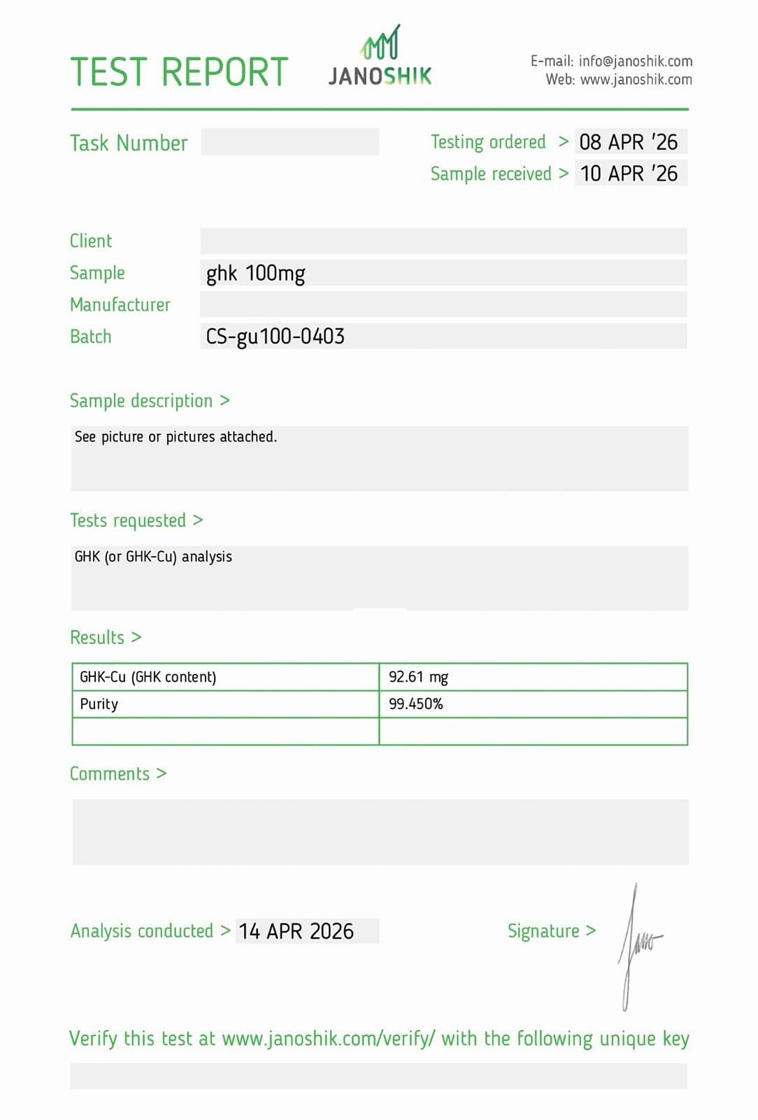 Certificate of Analysis for GHK-Cu 100mg