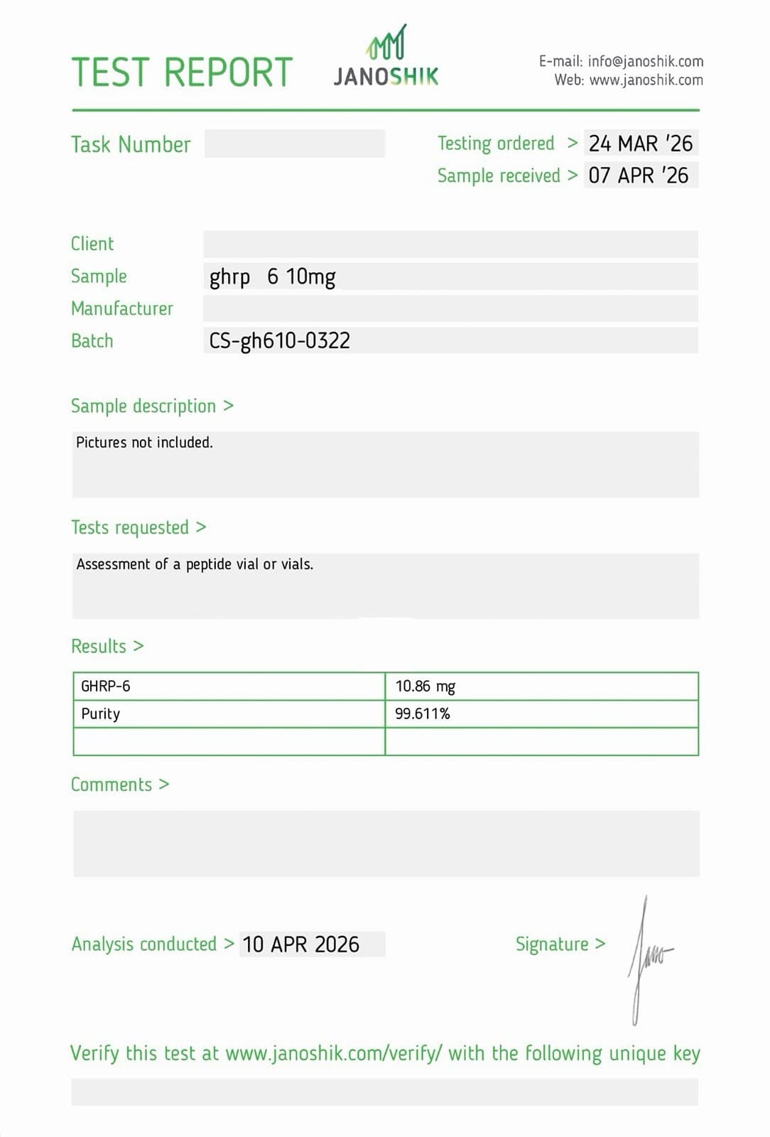 Certificate of Analysis for GHRP-6