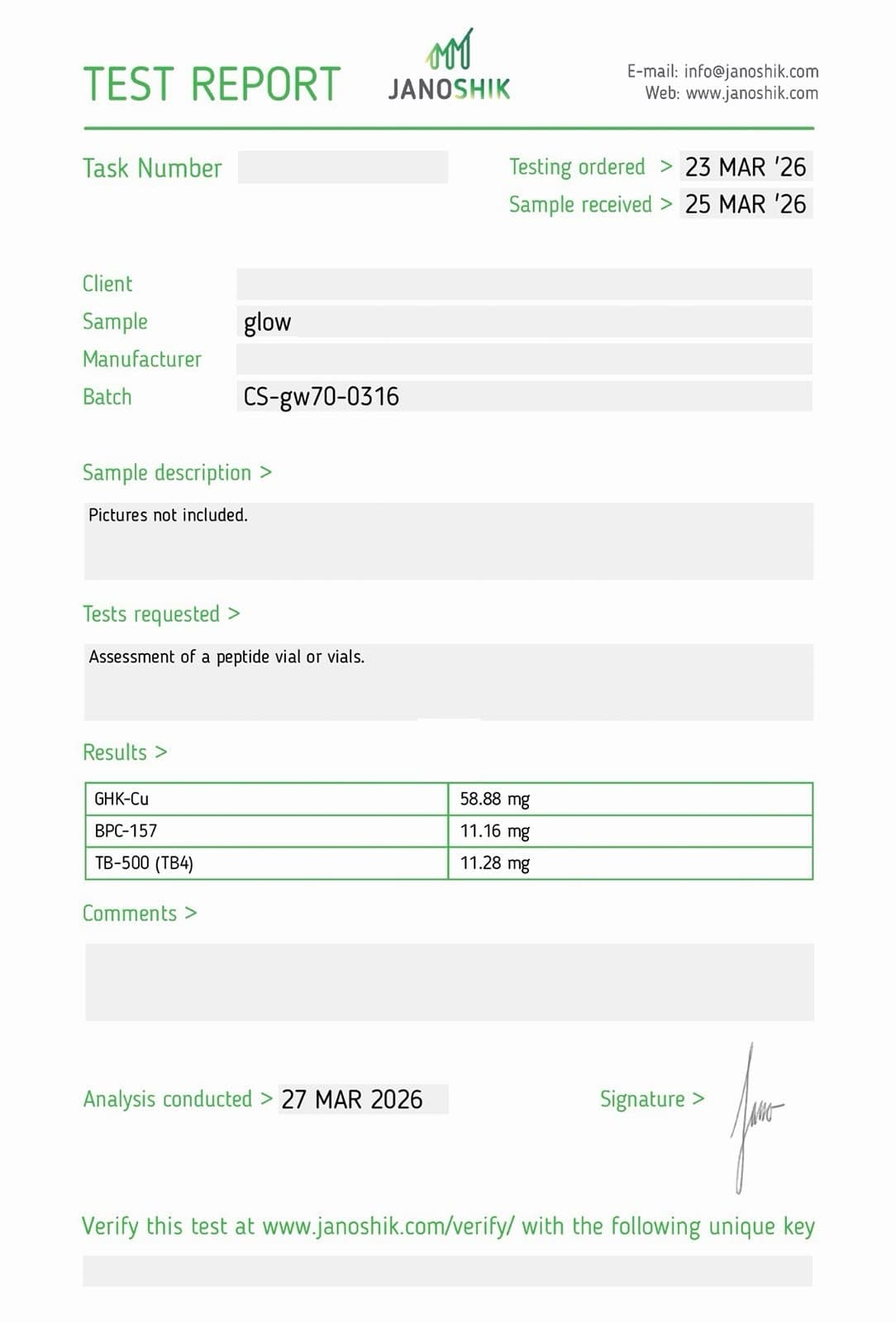 Certificate of Analysis for GLOW70