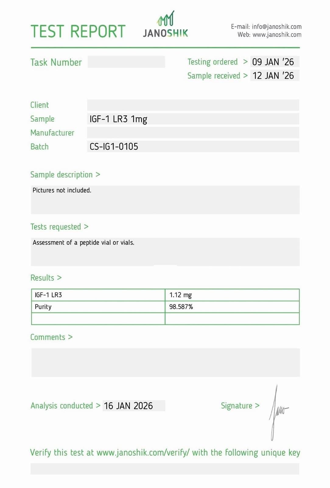 Certificate of Analysis for IGF-1LR3