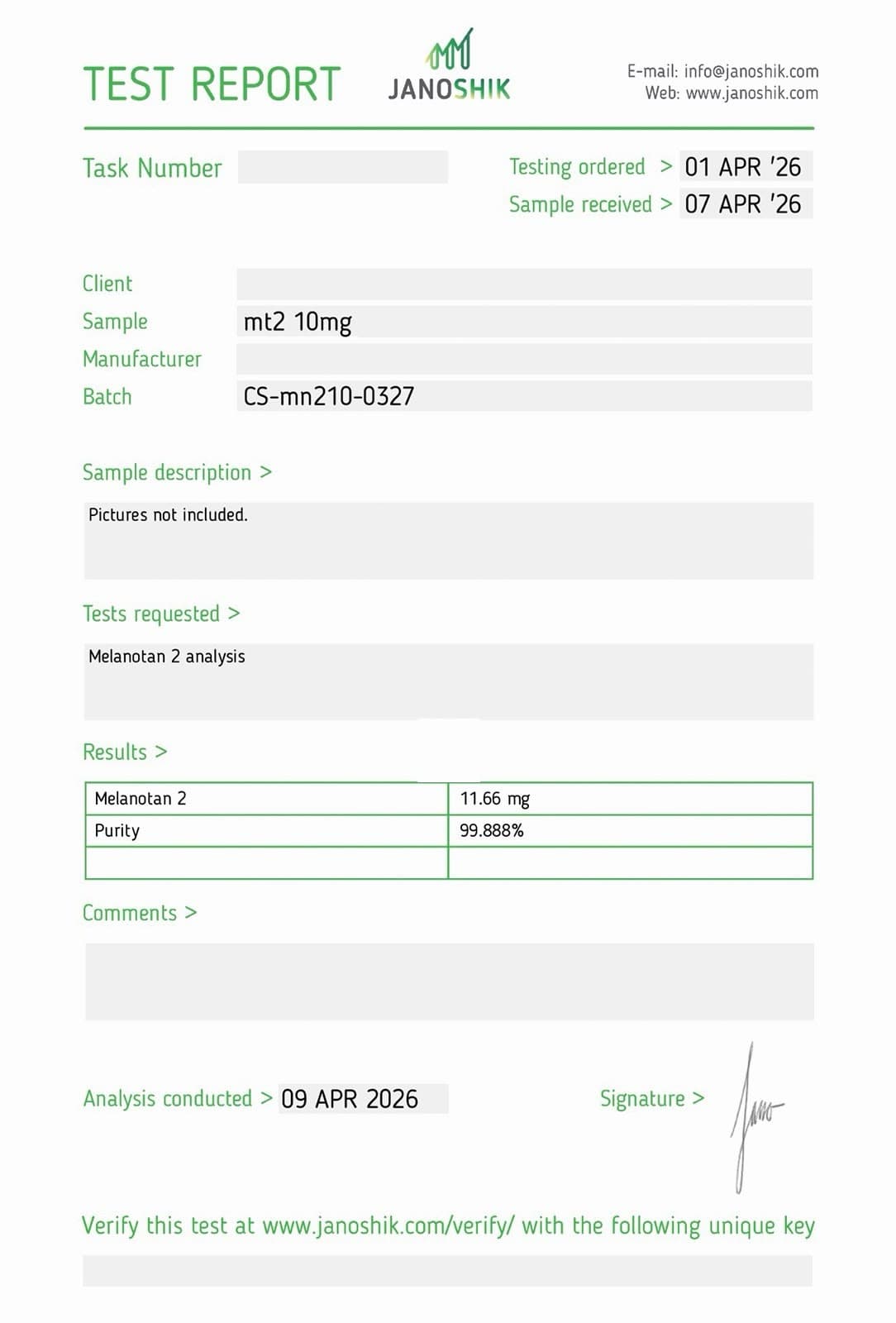 Certificate of Analysis for Melanotan 2