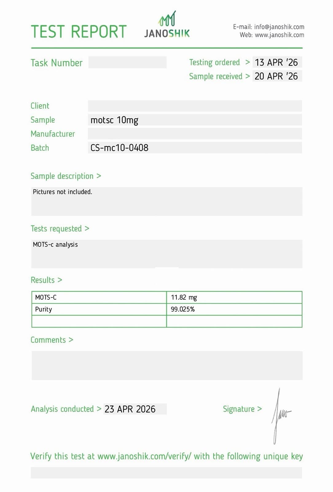 Certificate of Analysis for MOTS-C 10mg