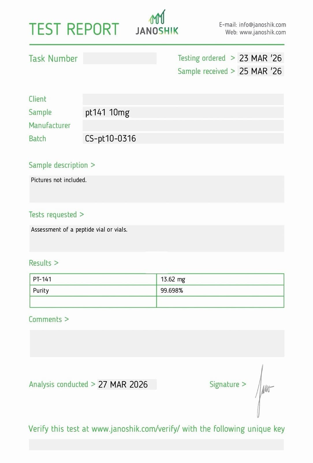 Certificate of Analysis for PT-141
