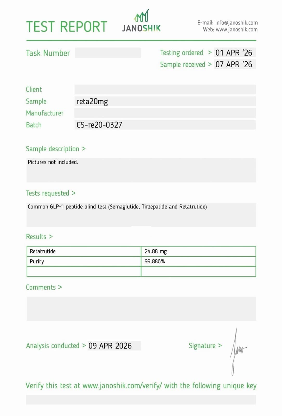 Certificate of Analysis for Retatrutide 20mg