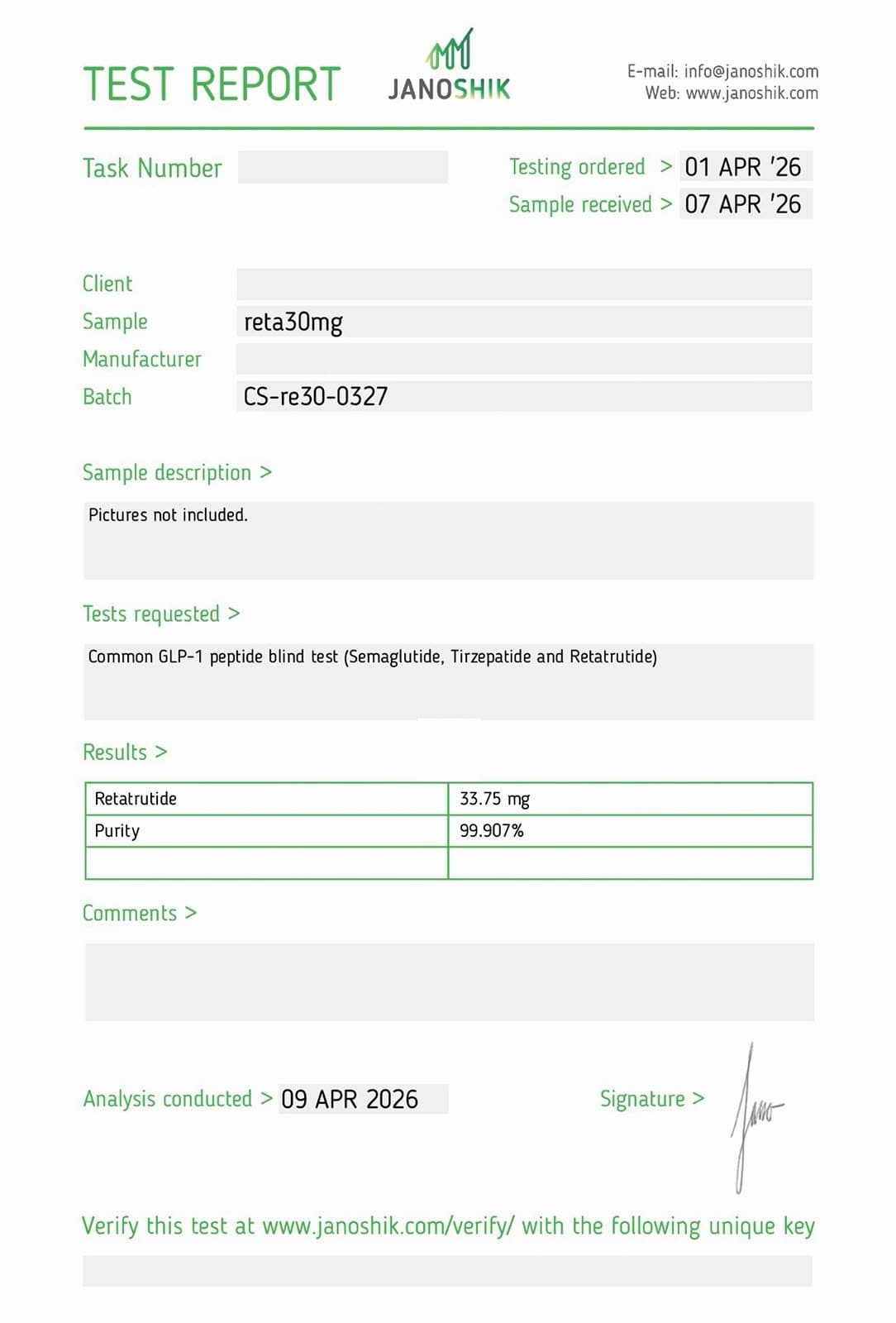 Certificate of Analysis for Retatrutide 30mg