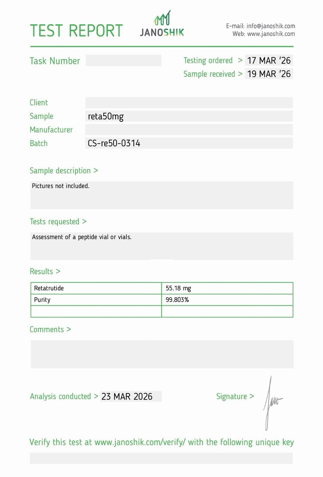 Certificate of Analysis for Retatrutide 50mg