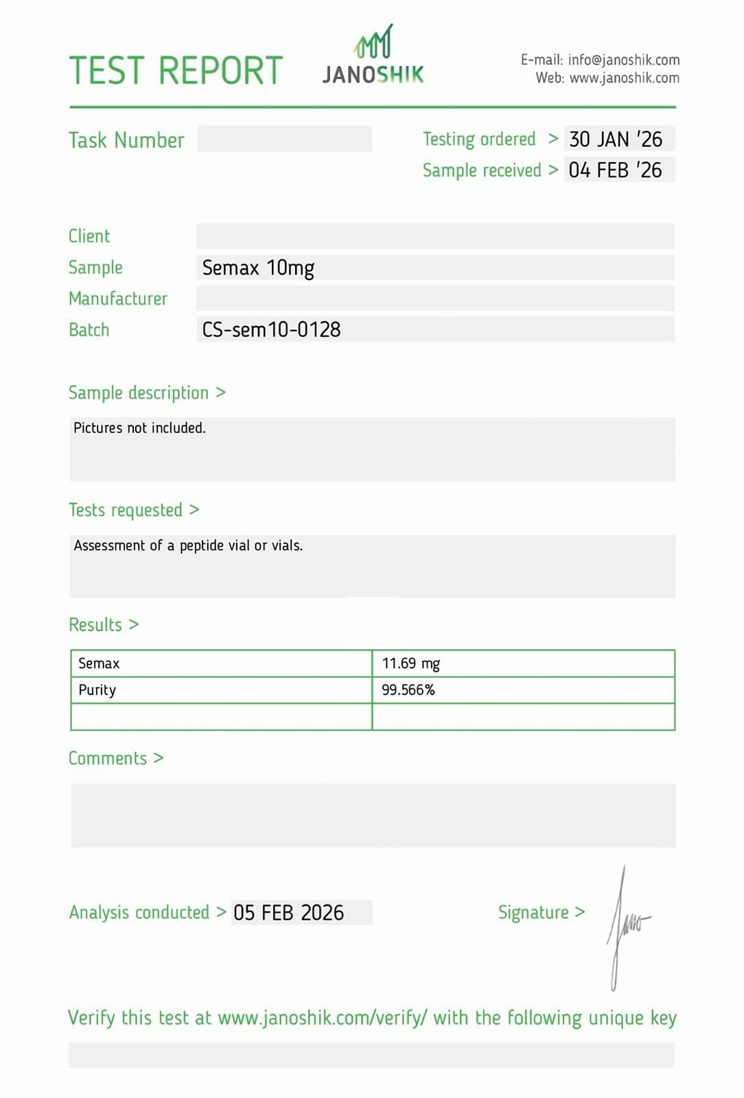 Certificate of Analysis for Semax