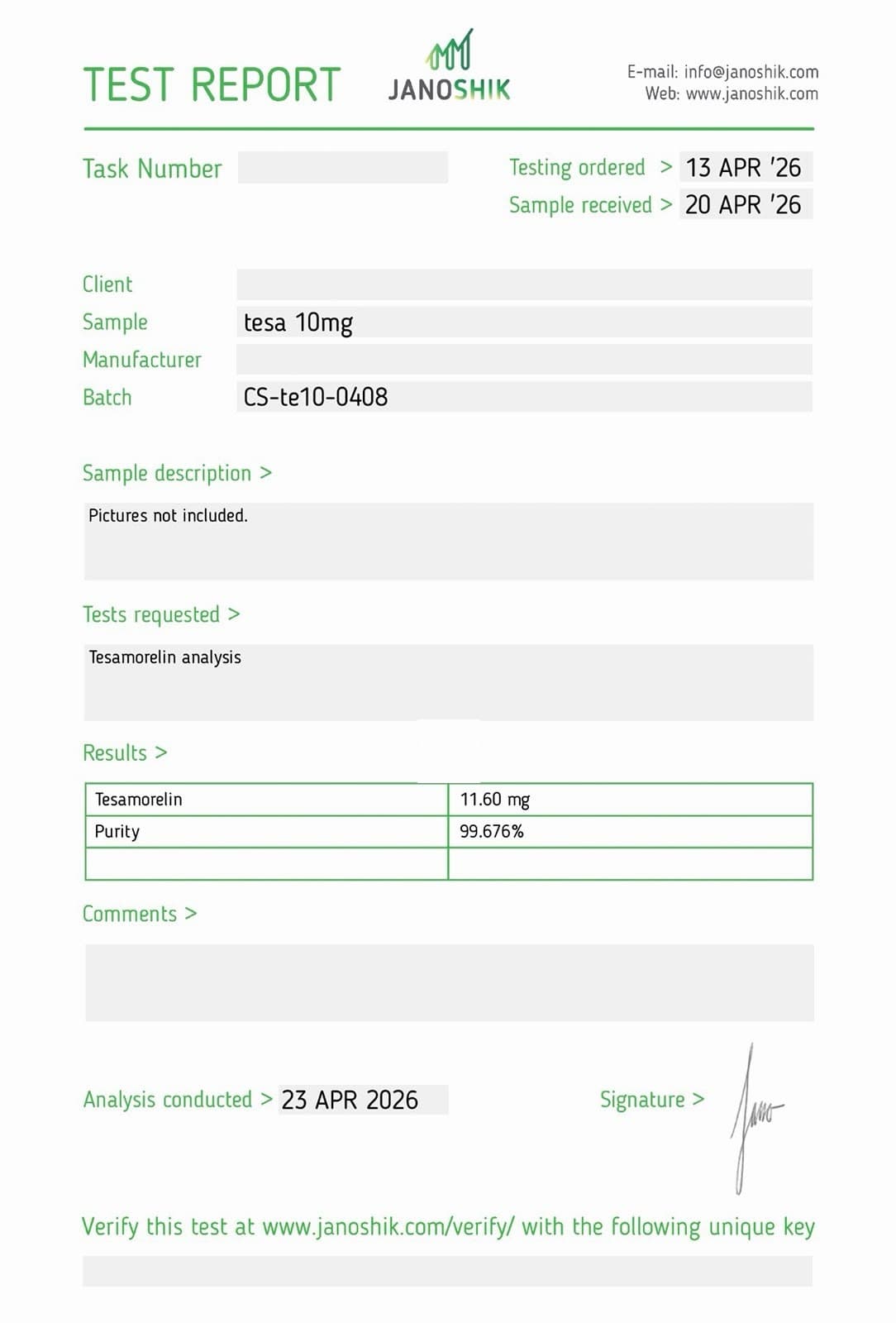 Certificate of Analysis for Tesamorelin